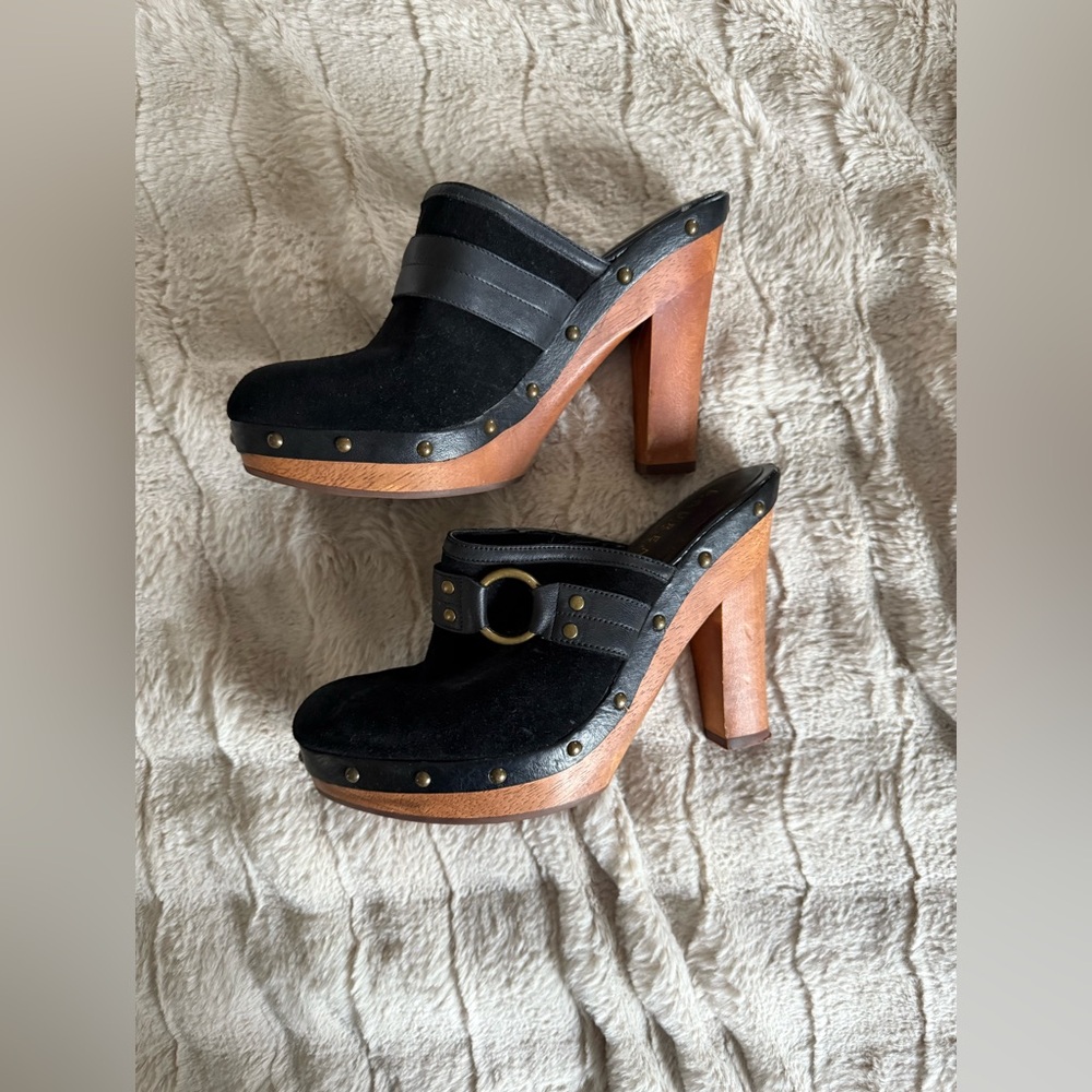 Ralph Lauren 8.5 Black Leather Clogs with Wooden Heel